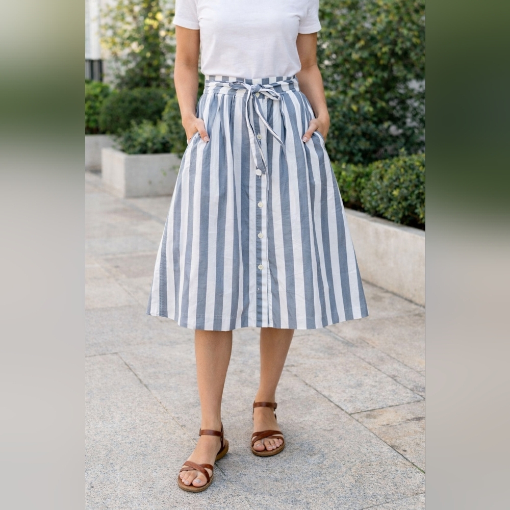 Blue And White Stripe Midi Skirt